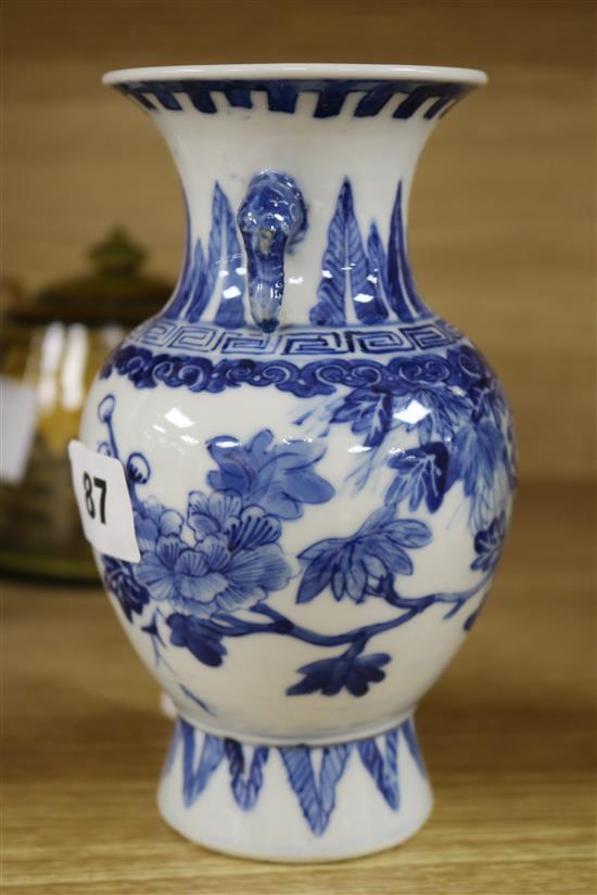 A blue and white Chinese two handled vase